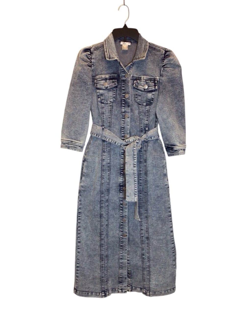 NWOT Venus Denim Midi Dress Sz 6 Puff Sleeve Belted Button Front Stretch - Picture 9 of 12